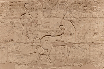 Ancient Egyptian murals and writings on the stone walls of the Karnak Temple in Luxor
