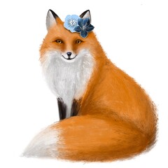 cute fluffy fox with flowers, watercolor style illustration with beautiful forest animal