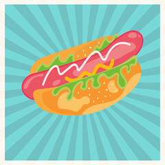 Hot dog fast food. Pop art retro style vector. Sausage in a bun with mustard, salad and mayonnaise. Restaurant and street product. Healthy and unhealthy food. Comic style menu.