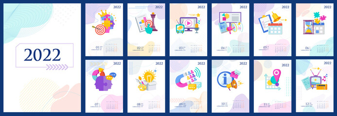 2022 annual calendar template with marketing infographic icons.