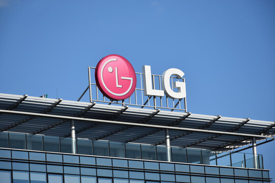 LG Electronics Poland, sign, logo, emblem on the roof (branch of global South Korean company, former GoldStar company). WARSAW, POLAND - JULY 29, 2020