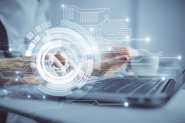 Multi exposure of woman hands working on computer and data theme hologram drawing. Tech concept.