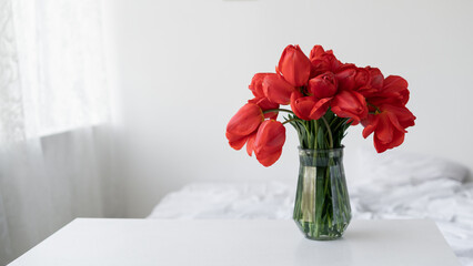 Glass vase with red tulip flowers in a light cozy bedroom interior. White wall, bed with white linen. Banner. Home vacation place