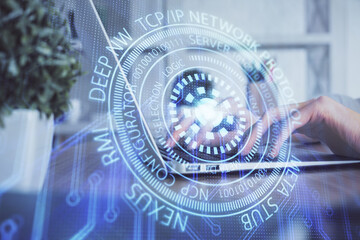 Double exposure of woman hands working on computer and data theme hologram drawing. Tech concept.