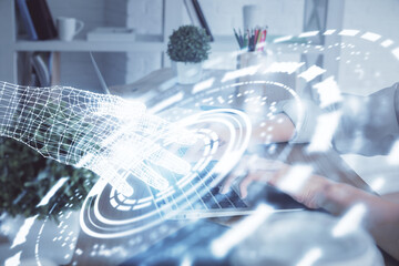Double exposure of woman hands working on computer and data theme hologram drawing. Tech concept.