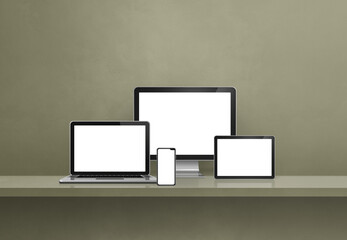Computer, laptop, mobile phone and digital tablet pc. green shelf banner