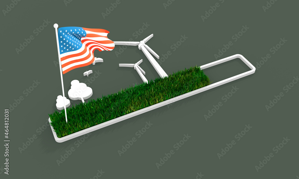 Poster progress or loading bar with trees and wind turbine. flag of usa