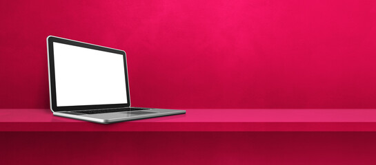 Laptop computer on pink shelf background banner