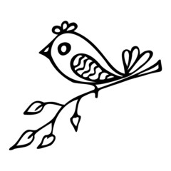 Stylized decorative bird on a branch, doodle illustration.
