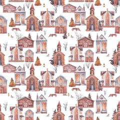 Watercolor Christmas town ornament. Seamless pattern with winter houses and trees. Cozy holiday surface design