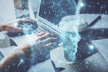 Double exposure of woman hands working on computer and brain hologram drawing. Ai concept.