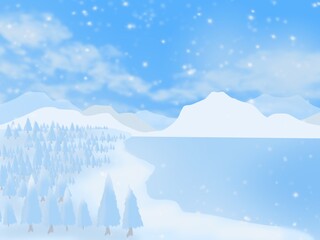 Winter mountain landscape, Pine forests, lakes and mountains in winter.  An illustration created on a tablet, used as a background.