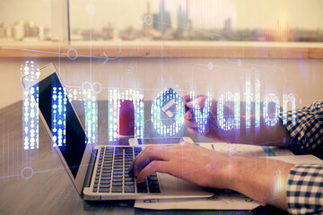 Double exposure of man hands holding a credit card and data theme drawing. E-commerce and technology concept.