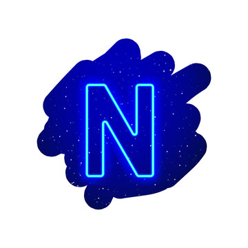 LED blue glow neon font. Realistic neon explosion. Letter N Alphabet of night show among the stars. Vector illustration uppercase font. 3d Render Isolated On White Background.