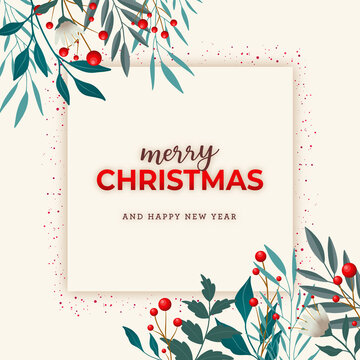 Merry Christmas postcard with elegant nature elements and glitter