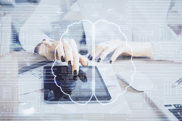 Double exposure of brain sketch hologram and woman holding and using a mobile device.