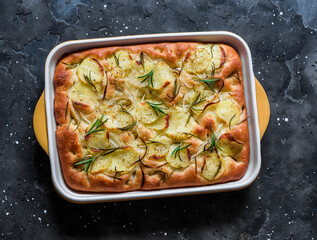 Focaccia with potatoes and rosemary on a dark background, top view