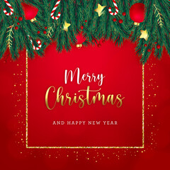 Obraz na płótnie Canvas Christmas greetings card with fir-tree decorations and golden glitter