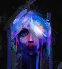 Öl- oder Acrylfarbe auf Leinwandstruktur. Abstraktes Farbporträt der jungen Frau. Moderne Kunst, Ölgemälde buntes weibliches Gesicht. Illustrationsgrafik-Farbdesign für Hintergrund, Impressionismus-Stil © Ittikorn Ch