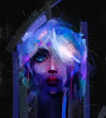 Öl- oder Acrylfarbe auf Leinwandstruktur. Abstraktes Farbporträt der jungen Frau. Moderne Kunst, Ölgemälde buntes weibliches Gesicht. Illustrationsgrafik-Farbdesign für Hintergrund, Impressionismus-Stil © Ittikorn Ch