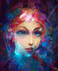 Oil, acrylic paint on canvas. Abstract colorful portrait of girl, young woman. Modern art oil painting female face. Artwork by artist . Illustration color paint design for background, expression style