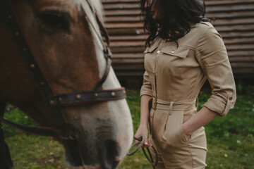 Sexy girl rider in beige overalls stands with a horse. High quality photo