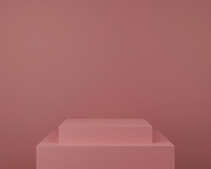 Minimal scene with podium and abstract background. Geometric shape. red pastel colors scene. Minimal 3d rendering. Scene with geometrical forms and redbackground. 3d render.