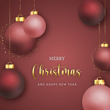 Realistic Christmas balls concept postcard with bronze background
