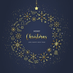 Fototapeta na wymiar Christmas greetings card with golden line art icons 