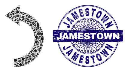 Geometric collage rotate left, and Jamestown unclean seal imitation. Blue stamp seal includes Jamestown tag inside circle shape. Vector rotate left collage is constructed from random circle, triangle,