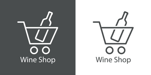 Banner con texto Wine Shop con silueta de botella de vino en carrito de la compra con líneas en fondo gris y fondo blanco © teracreonte