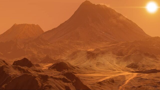 Planet Mars with mountains and sand storms aerial view
Aerial fly over martian red planet landscape, space exploration concept
