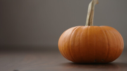 small orange pumpkin on walnut table with white and