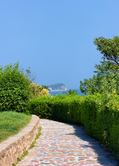Pedestrian walkway running along the sea. Sidewalk of multicolored stone. The sea, bushes, and trees. Photo.