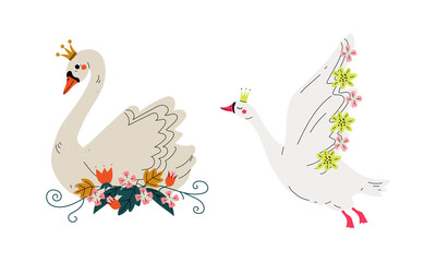 Beautiful Swan Princess with Golden Crown and Flower Decoration Vector Set