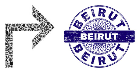Geometric collage turn right, and Beirut corroded seal print. Blue seal contains Beirut caption inside round shape. Vector turn right collage is constructed with random round, triangle,