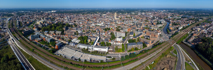 Aerial view around the city Mechelen in Belgian on a sunny morning in summer 