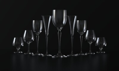 Lots of wine glasses of different shapes. Dark background. 3d rendering