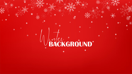 Christmas simple falling white snowflakes on red background. Vector illustration in cute flat caroon style for your design.