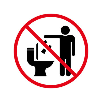 Do Not Throw Trash and Paper in Toilet Room Silhouette Sign. Dont Littering in Toilet Warning Icon. Keep Clean Symbol. Forbidden Drop Garbage Pictogram. Isolated Vector Illustration
