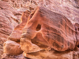 Animal or elephant shaped rock formation. Natural carved shape in reds and desert stone in Petra,...