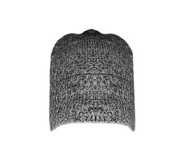 warm gray knitted hat isolated on white background, top, front view.