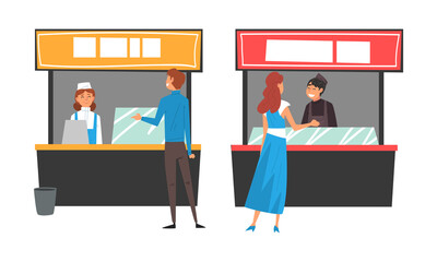 People Character Ordering and Buying Meal at Food Court in Shopping Mall Vector Set