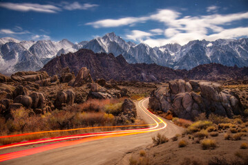 Colorful Light Trail Scenic Road with Lone Pine of Alabama Hills, California - obrazy, fototapety, plakaty