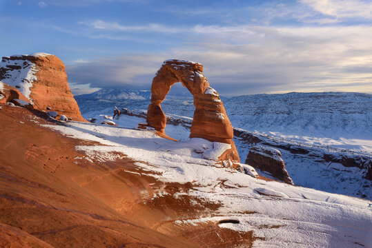 Famous Location Delicate Arch With Snow In Winter Season, Arches National Park, Moab, Utah.