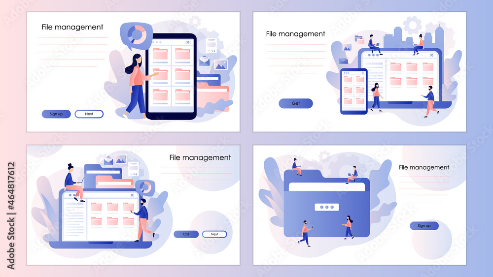 Poster file management concept. data storage. folders, documents and media content. tiny people search file