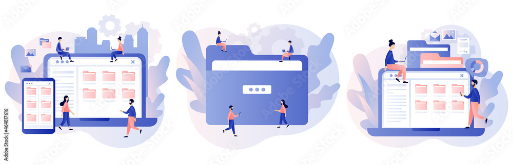 Aufkleber file management concept. data storage. folders, documents and media content. tiny people search file