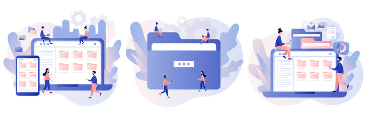 File management concept. Data storage. Folders, documents and media content. Tiny people search files on smartphone or laptop. Modern flat cartoon style. Vector illustration on white background - obrazy, fototapety, plakaty