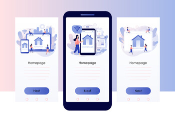 Homepage. Web page design on smartphone or laptop. Tiny people working on website homepage development, optimization. Screen template for mobile, smartphone app. Modern flat cartoon style. Vector