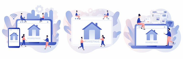 Homepage. Web page design on smartphone or laptop. Tiny people working on website homepage development, optimization, setup. Modern flat cartoon style. Vector illustration on white background
